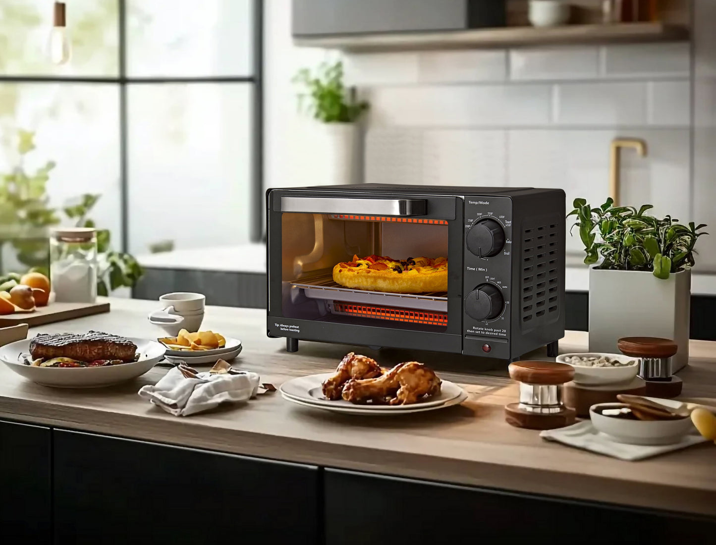 Mainstays 4-Slice Countertop Toaster Oven with 3 Settings, Includes Baking Rack and Pan, Black, New