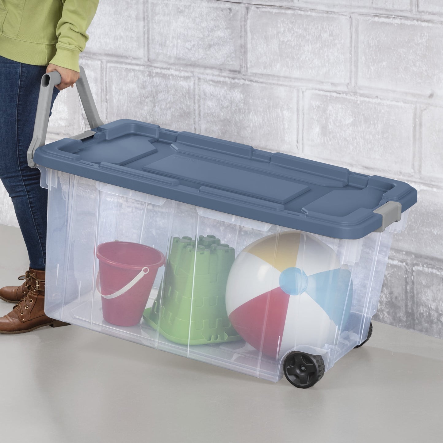 Sterilite Extra-Large Wheeled Rugged Storage Bin, 160 Quart Durable Clear Storage Container with Latching Lid and Pull Handle, Blue, 2 Pack