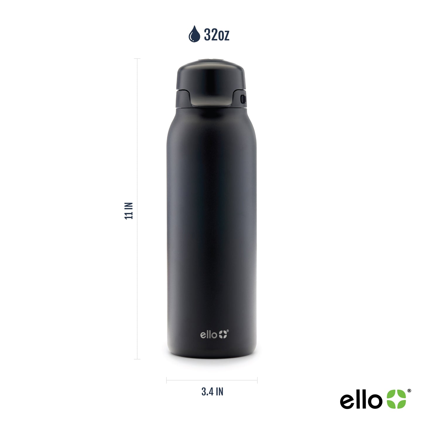 Ello Flip & Fill 32oz Insulated Stainless Steel Water Bottle, Leak-Proof Straw Lid, Black