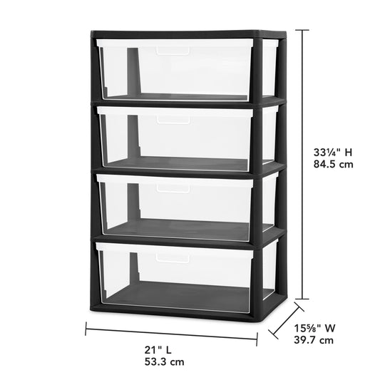 Sterilite Wide 4 Drawer Tower, Plastic Storage Organizer with Removable Clear Bins, Easy Assembly, No Tools Needed, Black