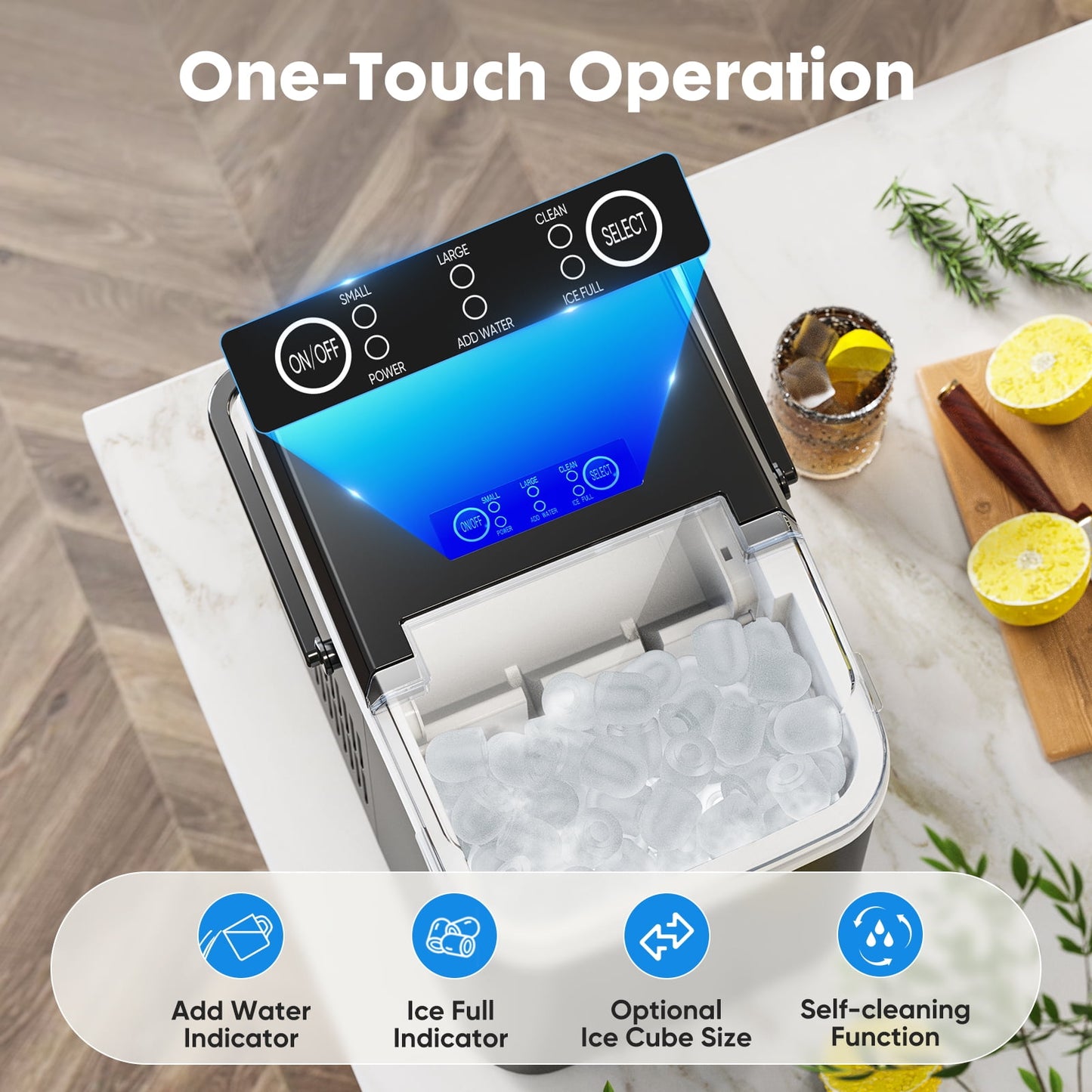 EDX Countertop Ice Maker, Self-Cleaning Portable Ice Maker Machine with Handle and Ice Scoop 9Pcs/6Min 26.5Lbs/24H Black