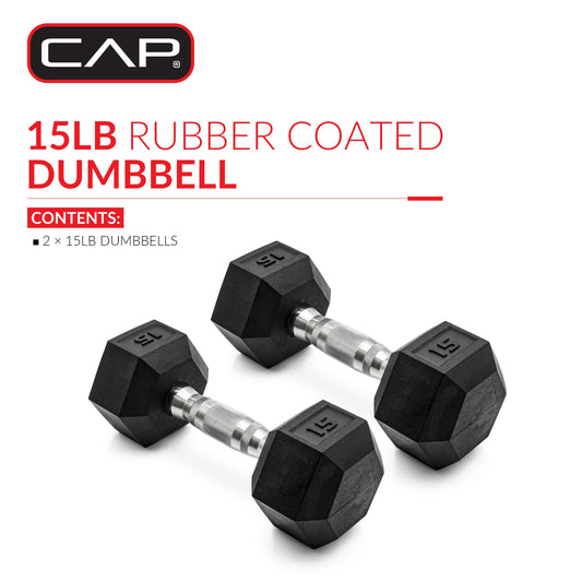 CAP Barbell, 15lb Coated Rubber Hex Dumbbell, Pair (No-Roll Design, Ergonomic Steel Handle, Durable Coated Weight)