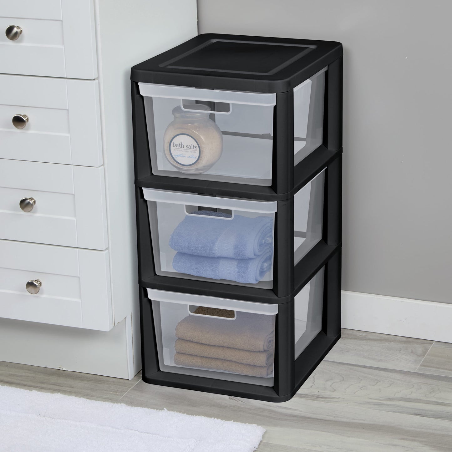 (2 pack) Sterilite 3 Drawer Tower, Plastic Storage Organizer with Removable Clear Bins, Easy Assembly, No Tools Needed, Black