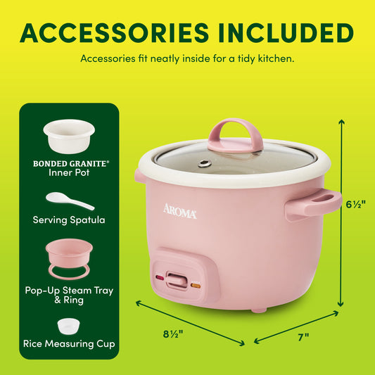 AROMA® 4-Cup Cooked, 2-Cup Uncooked Rice Cooker & Food Steamer with Bonded Granite® Nonstick Ceramic & Pop-Up Steam Tray - Pink