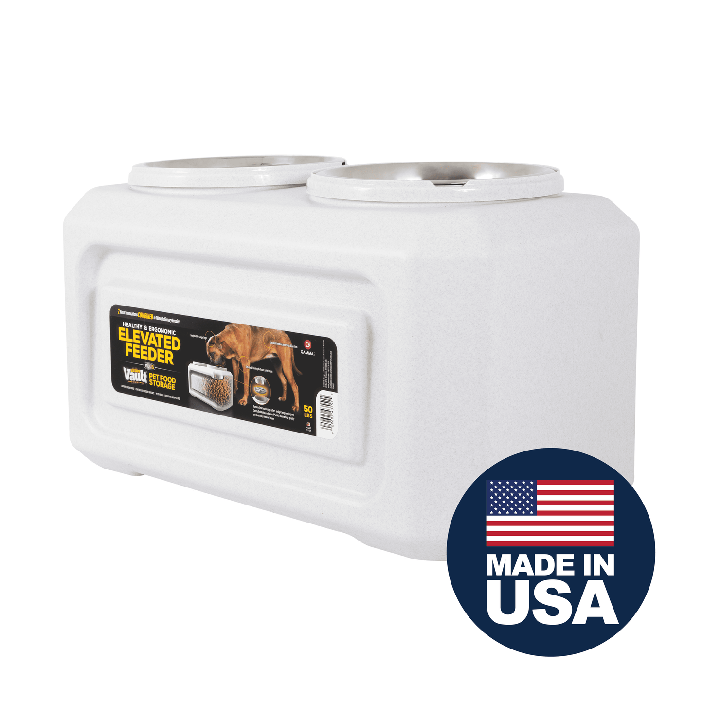 Gamma2 Vittles Vault 2-in-1 Elevated Stainless Steel Dog Bowls with 50 lb Dry Food Storage, White