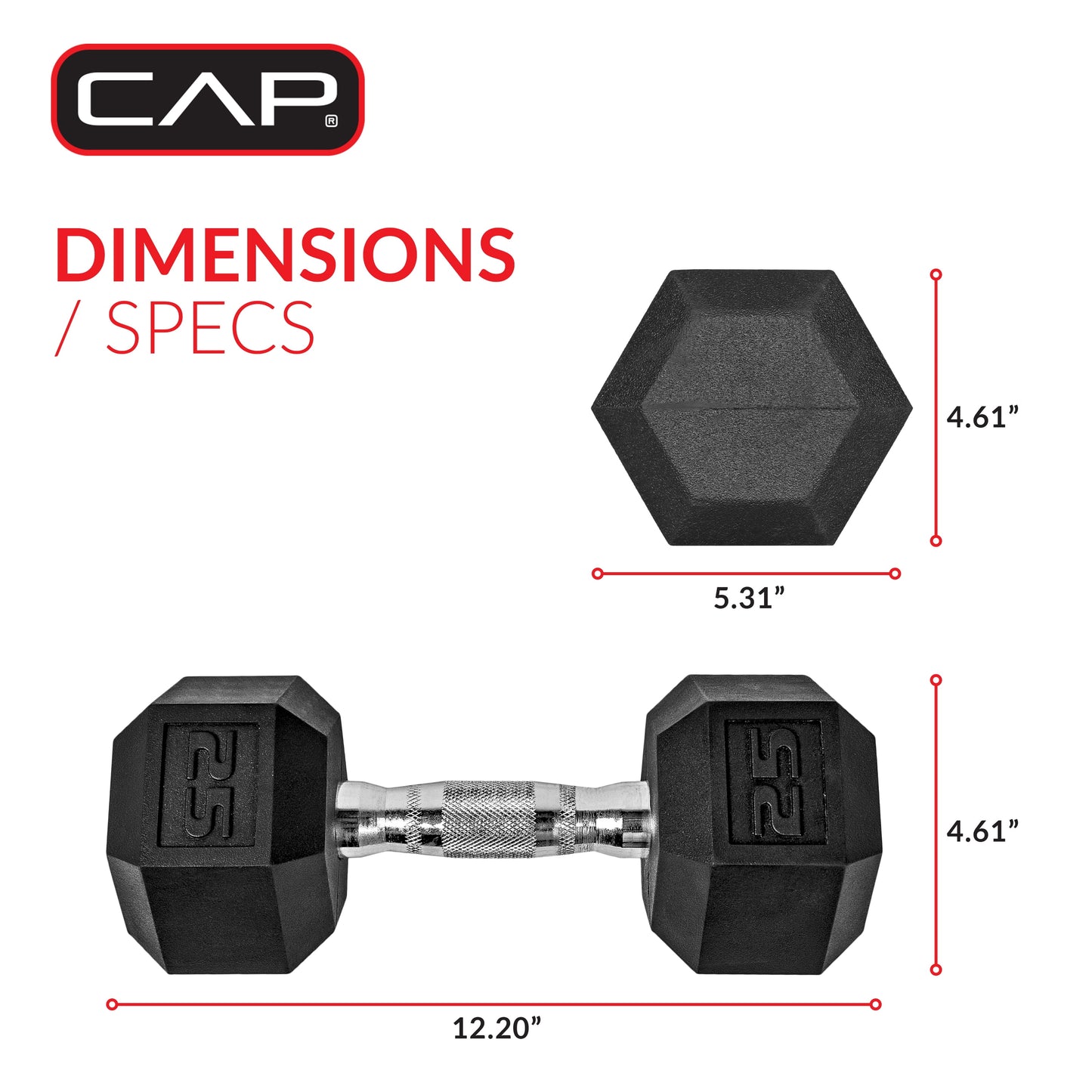 CAP Barbell, 25lb Coated Rubber Hex Dumbbell, Pair (No-Roll Design, Ergonomic Steel Handle, Durable Coated Weight)