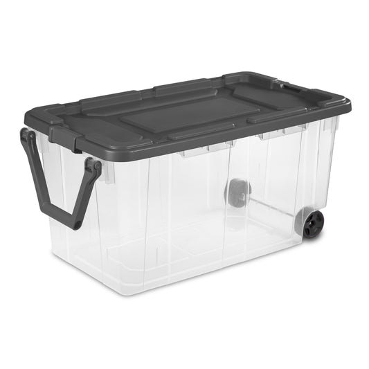 (2 pack) Sterilite 160 Quart Extra-Large Wheeled Storage Bin, Clear Storage Container with Latch Lid and Pull Handle, Durable, Dark Gray
