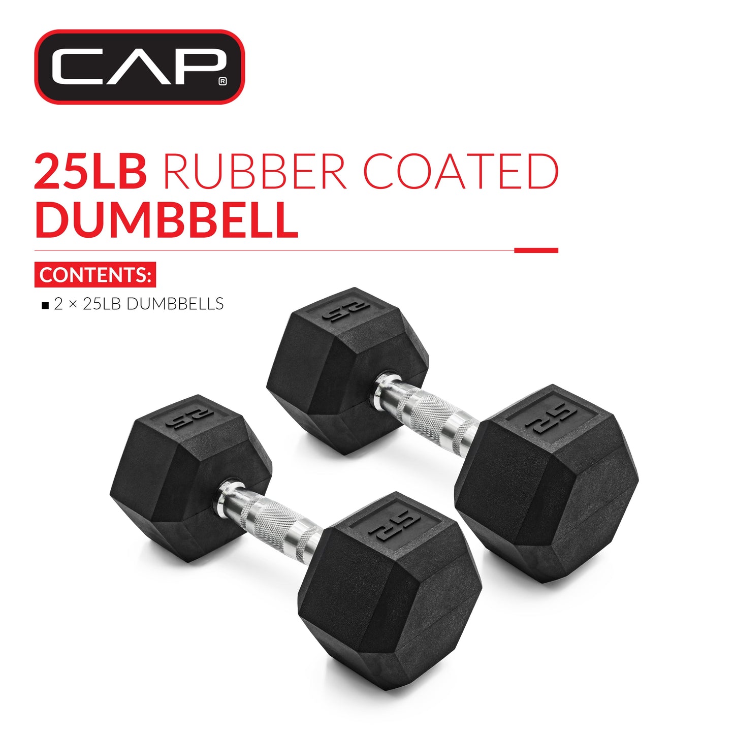 CAP Barbell, 25lb Coated Rubber Hex Dumbbell, Pair (No-Roll Design, Ergonomic Steel Handle, Durable Coated Weight)