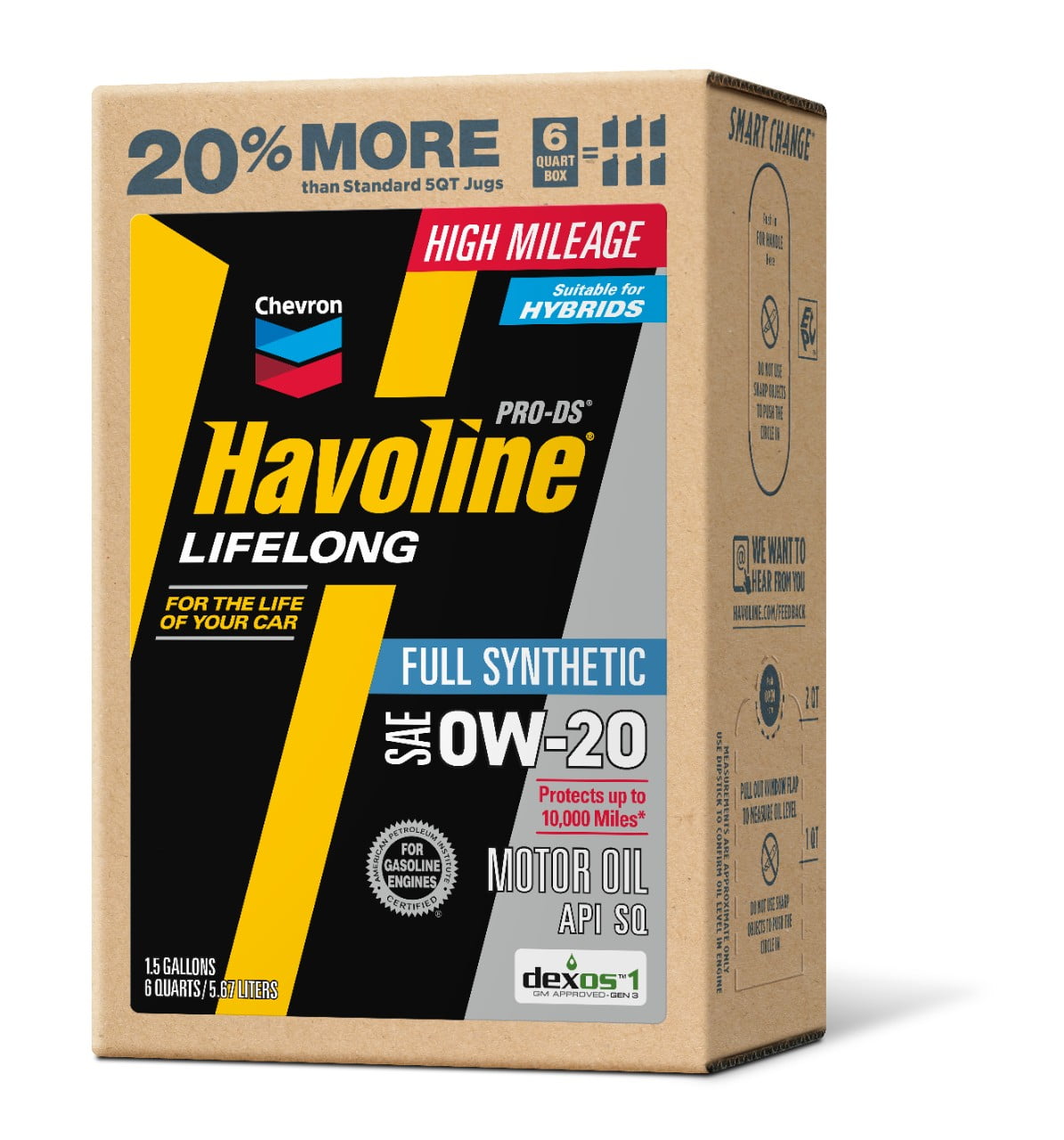 Chevron Havoline Lifelong 0W-20 Full Synthetic Motor Oil, 6 Quarts (Smart Change Box)