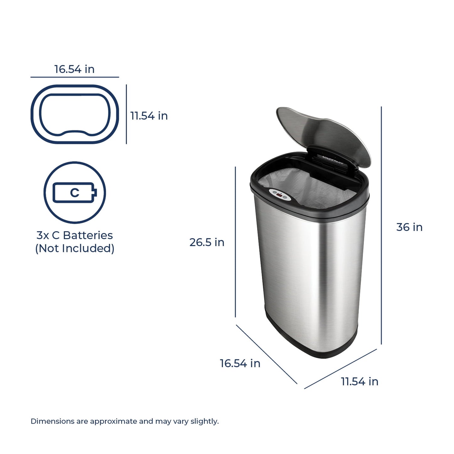Nine Stars Automatic Kitchen Trash Can, 13.2 Gallon Stainless Steel, Motion Sensor Hands free Soft Close Lid Garbage Bin, Silver