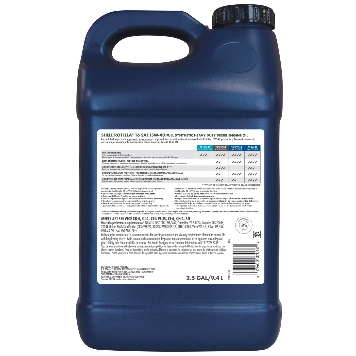 Shell Rotella T6 Full Synthetic 15W-40 Diesel Engine Oil, 2.5 Gallon