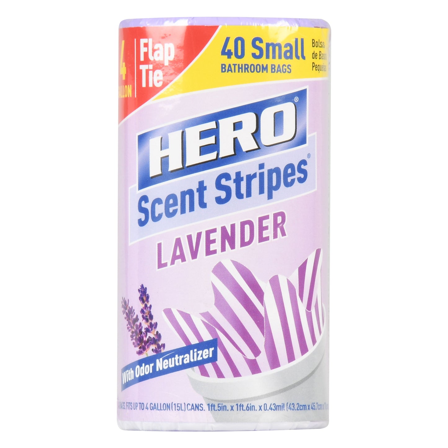 (8 pack) Hero Scent Stripes 4-Gallon, Lavender Scented, Small Flap Tie Trash Bags, 40 Count
