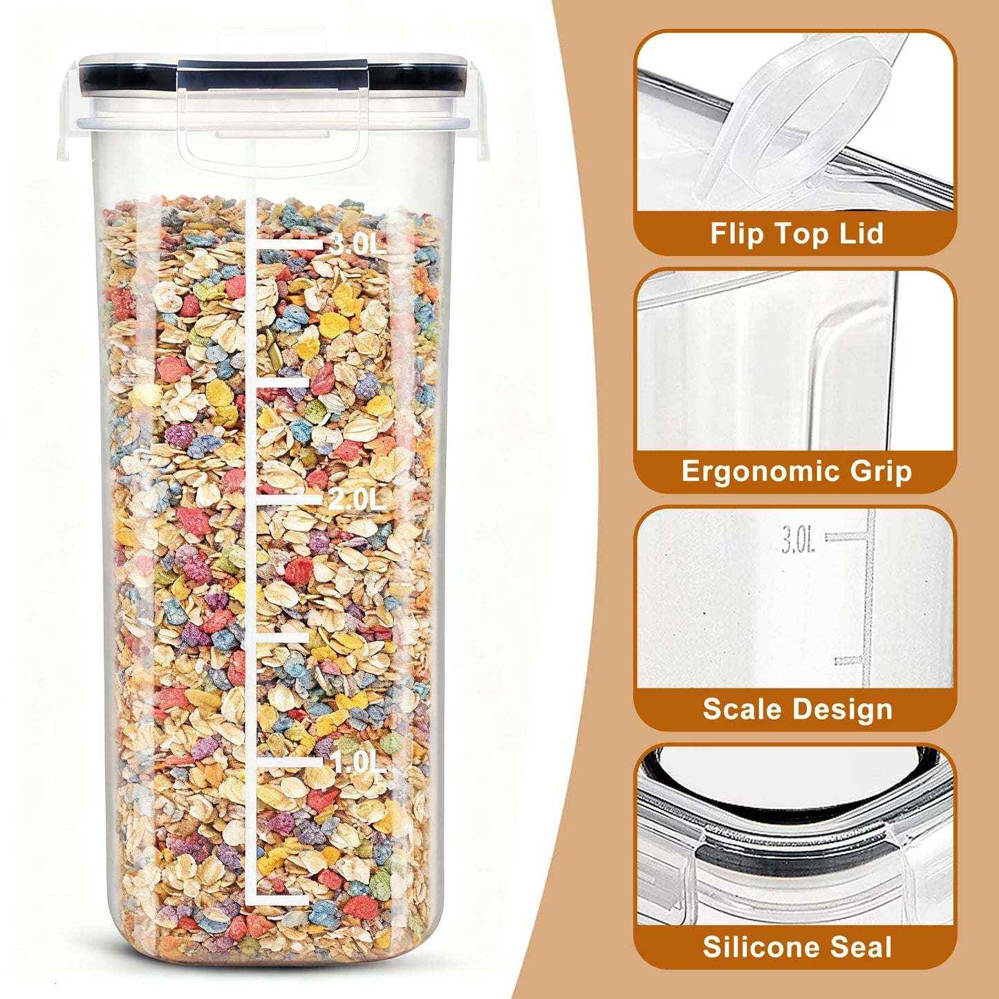 Cereal Container, Food Storage Containers with Lids Airtight Plastic Cereal Keeper Dispenser for Kitchen Pantry, 135 fl oz