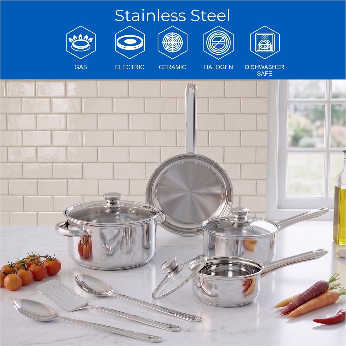 Mainstays Stainless Steel 10Pc Cookware Set with Lids and Kitchen Utensils