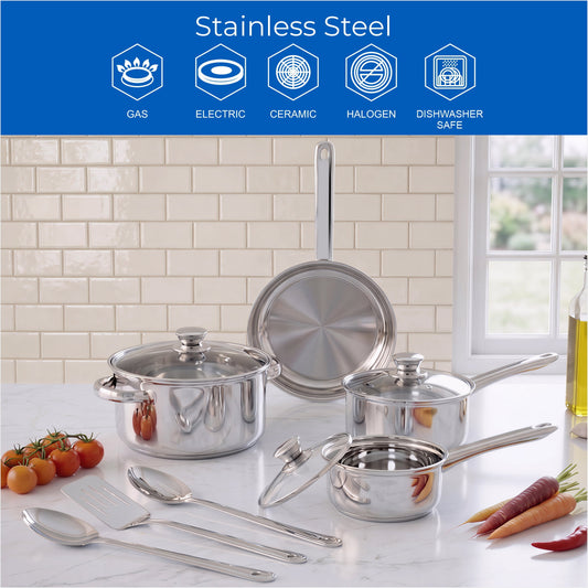 Mainstays Stainless Steel 10Pc Cookware Set with Lids and Kitchen Utensils