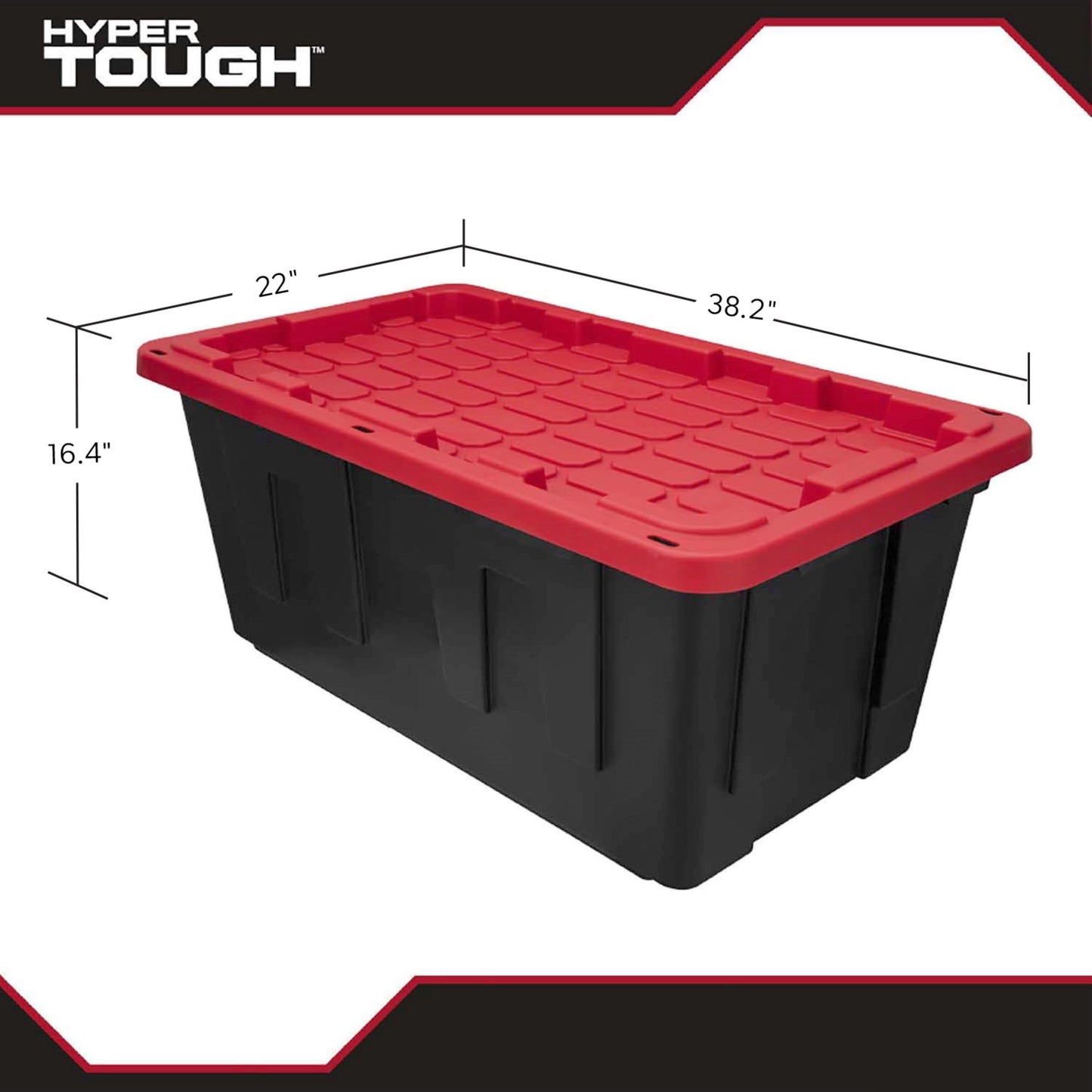 (Pack of 2) Hyper Tough 40 Gallon Extra Large Storage Bin with Snap Lid, Black and Red, Heavy Duty Plastic Storage Container