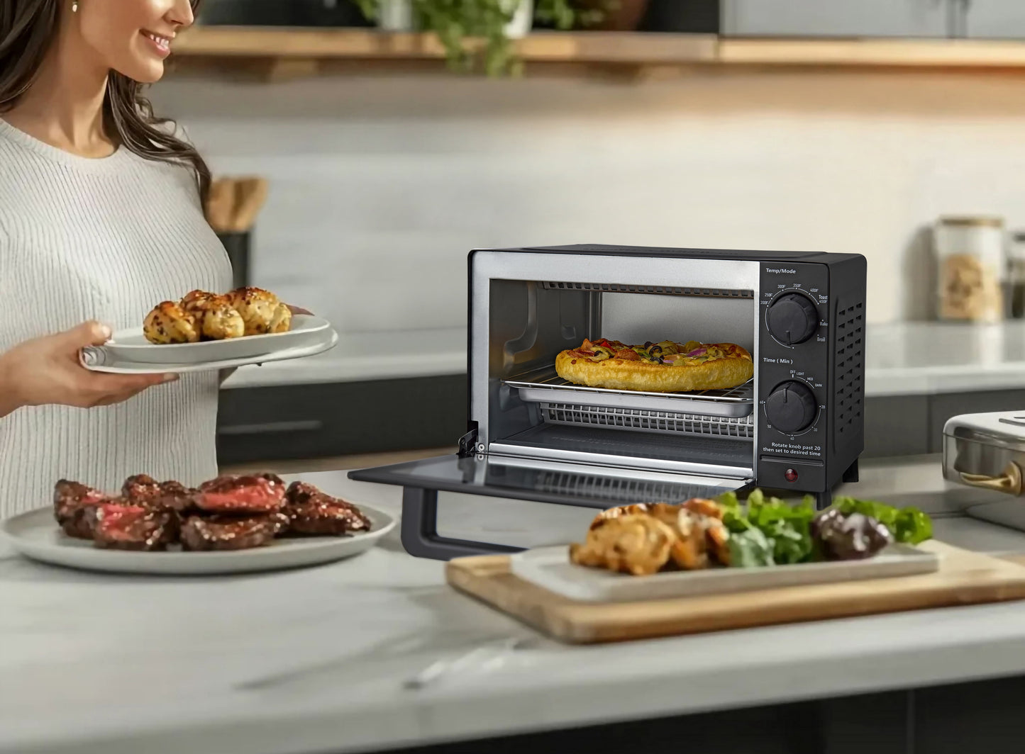 Mainstays 4-Slice Countertop Toaster Oven with 3 Settings, Includes Baking Rack and Pan, Black, New