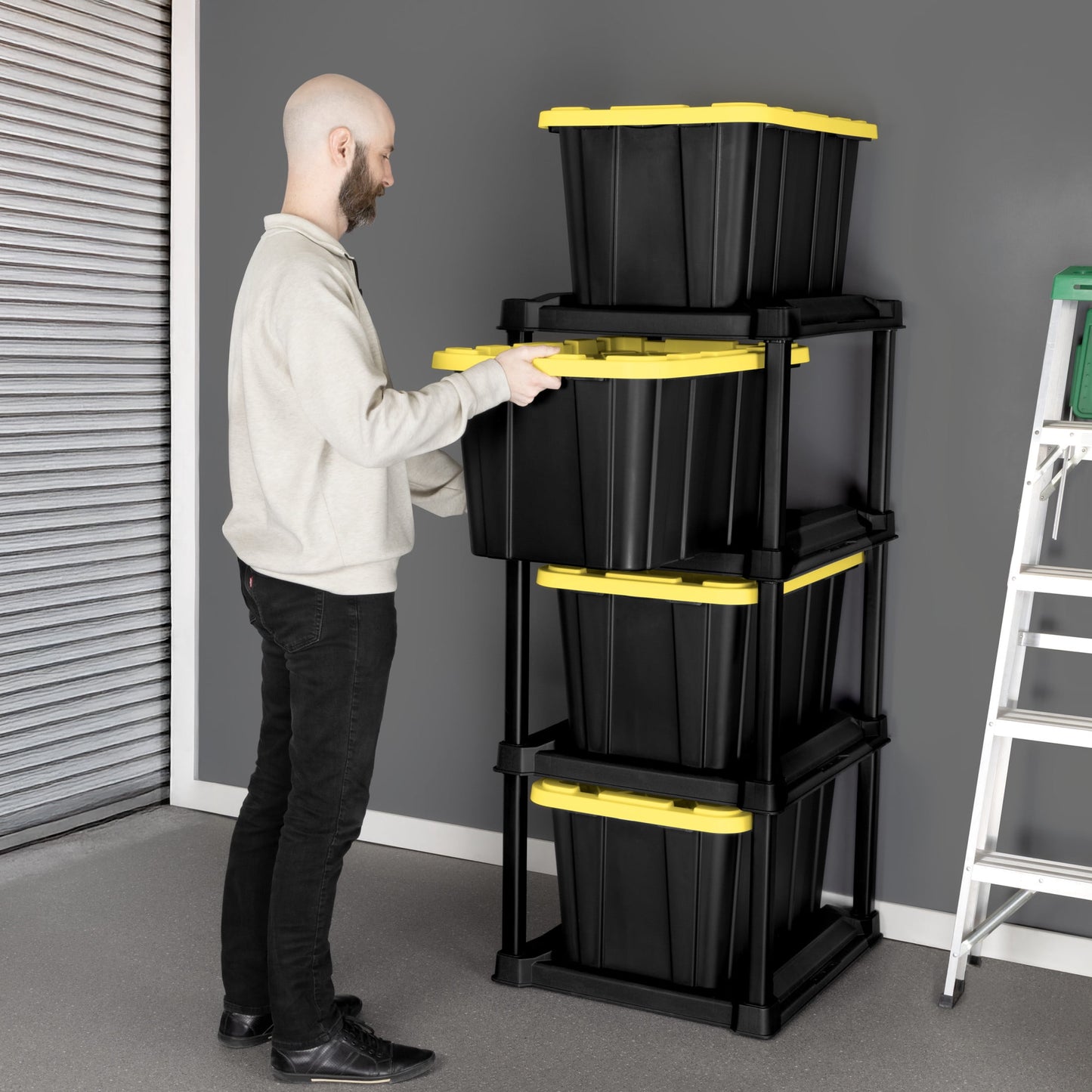 4 Tier Tote Rack, Holds Four 27 Gallon Industrial Storage Totes, Heavy Duty Plastic Garage Storage Organizer, Vertical Easy-Access No-Stacking Design, Black