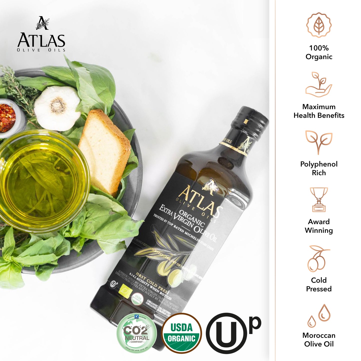 Atlas 3 LT Organic Cold Press Extra Virgin Olive Oil with Polyphenol Rich from Morocco | Newly Harvested Unprocessed from One Single Family Farm | Moroccan EVOO Trusted by Michelin Star Chefs