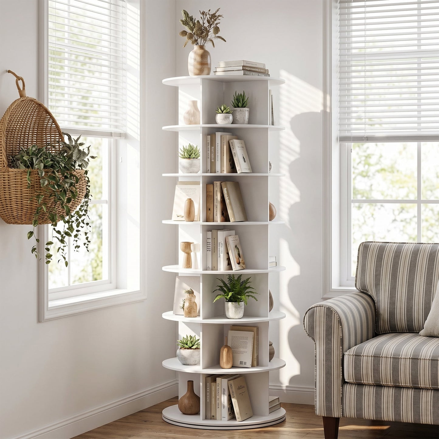 CONCETTA 7 Tier Rotating Shoe Rack Organizer, 360° Spinning Shoe Storage Tower, White Entryway Closet Shoe Shelf for Sneakers, Heels, Boots