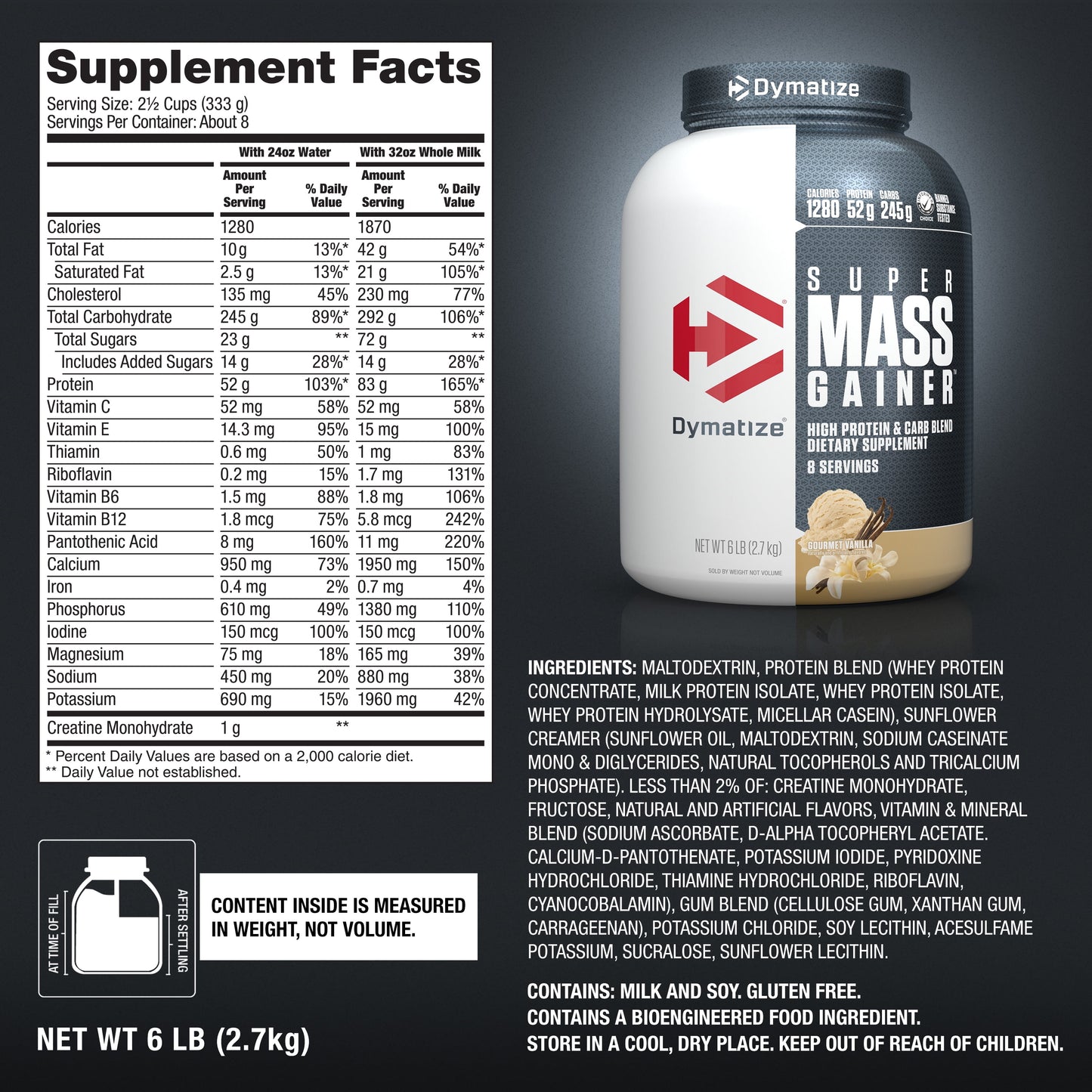 Dymatize Super Mass Gainer Protein Powder, 52g Protein, Gourmet Vanilla, 6 lbs