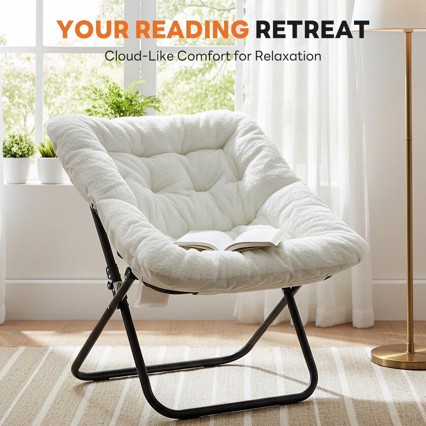 EDX Comfy Chair for Adults, Soft Faux Fur Folding Lounge for Bedroom Living Room Dorm Rooms Flexible Reading Chair, White