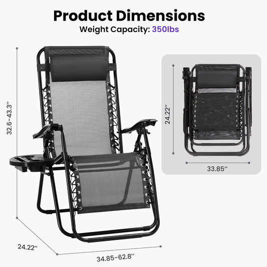 CONCETTA 2 Zero Gravity Lounge Chairs, Foldable Reclining Camping for Patio, Lawn, Beach, Black