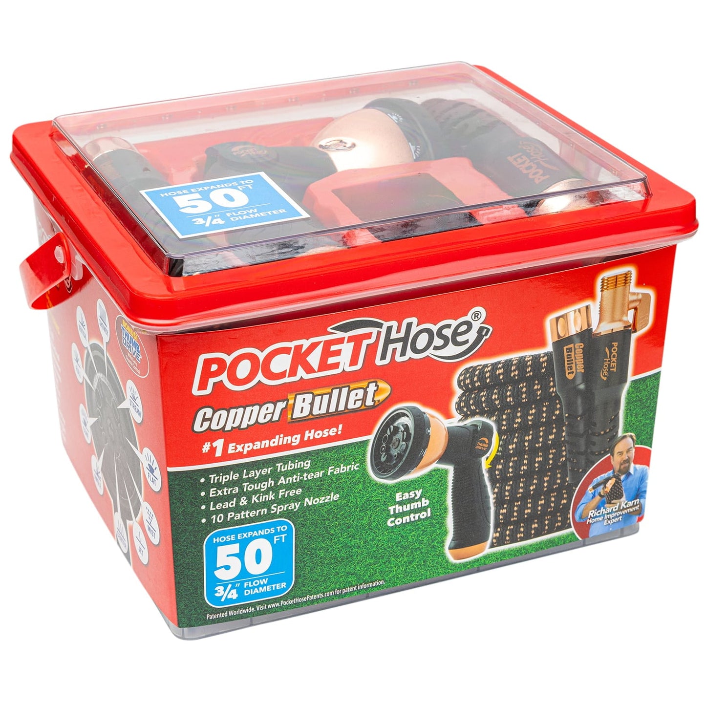 Pocket Hose Copper Bullet Expandable Garden Hose w/10 Pattern Thumb Spray Nozzle AS SEEN ON TV 650psi 3/4 in Patented Lead-Free Ultra-Lightweight Solid Copper Anodized Aluminum (75 Ft)