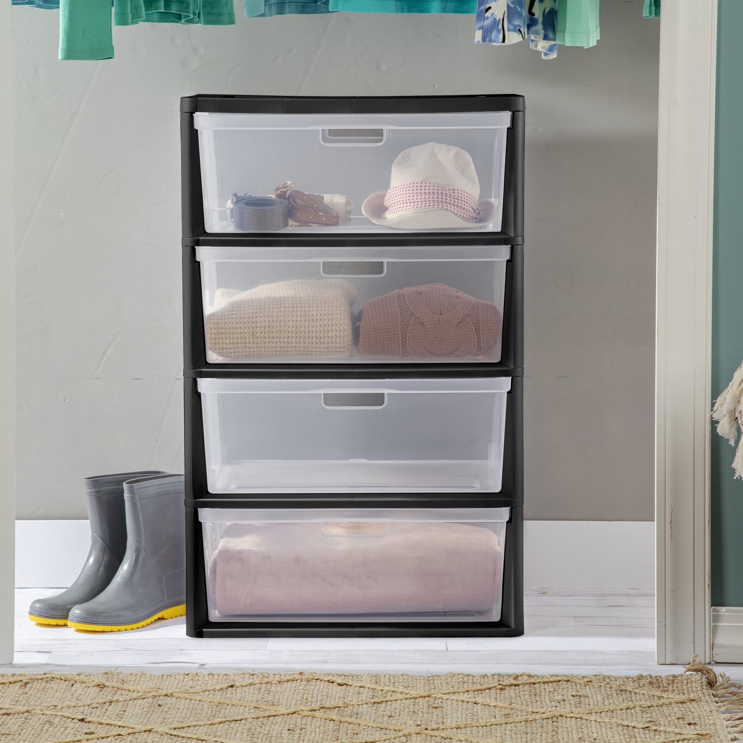 Sterilite Wide 4 Drawer Tower, Plastic Storage Organizer with Removable Clear Bins, Easy Assembly, No Tools Needed, Black