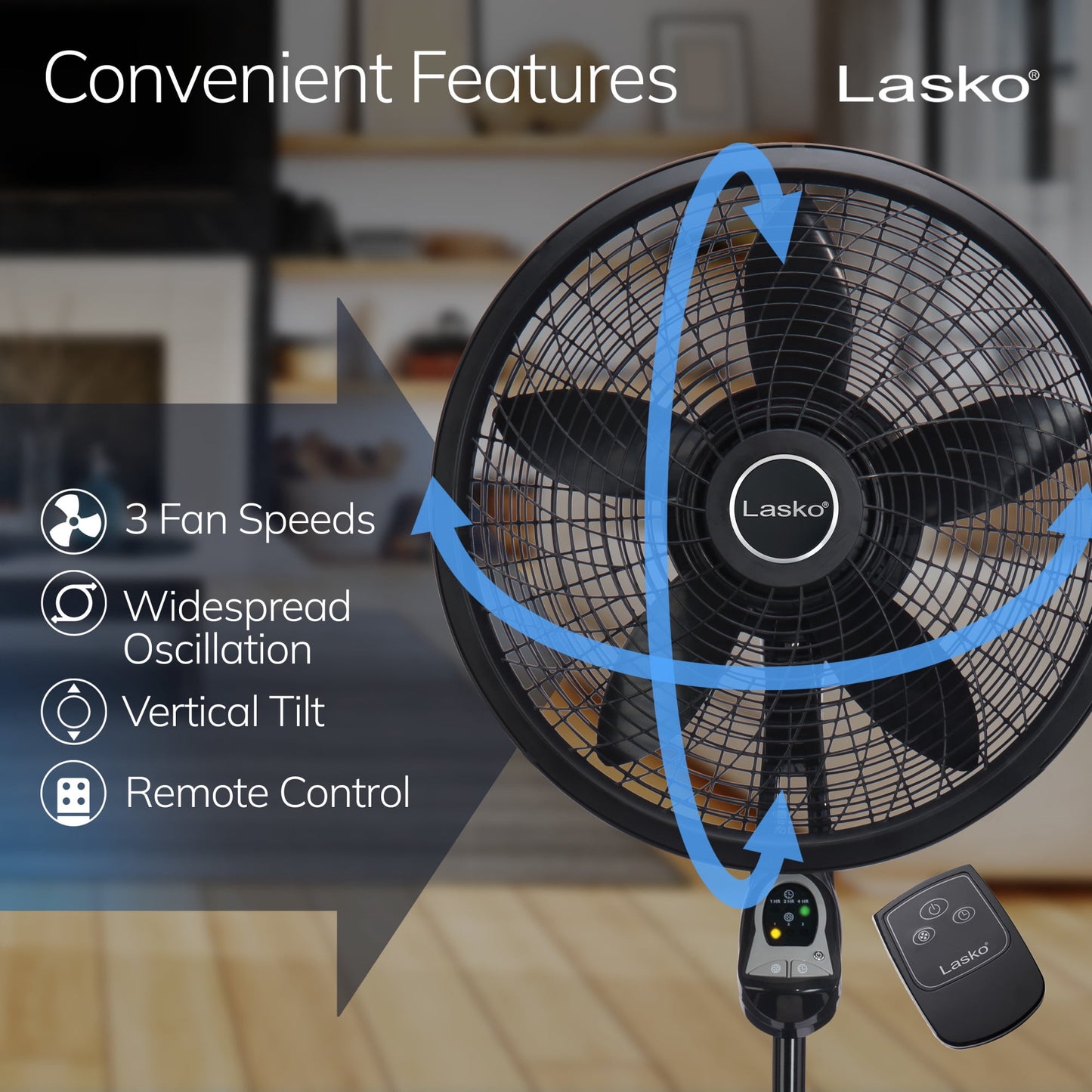 Lasko Cyclone 18" Quiet Oscillating Pedestal Fan with Remote, Timer, Adjustable Height for Whole Room Cooling, Black, 1843