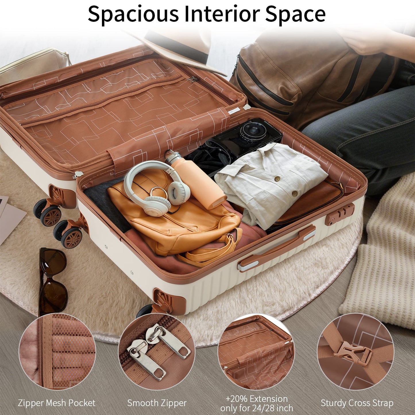 EUROCO 3 Piece Luggage Set, 20" Carry-on Suitcase with TSA Lock and Spinner Wheels, Lightweight Hardshell ABS Suitcase Set for Men Women,Cream