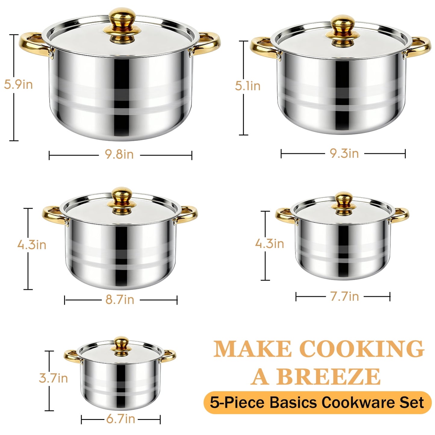 Home Sauce Pot, TAIMASI 5 PCS Stainless Steel Stock Pot with Lid for Pasta, Soup, Non Stick Stainless Steel Cookware Set Cooking Pot for All Cooktops