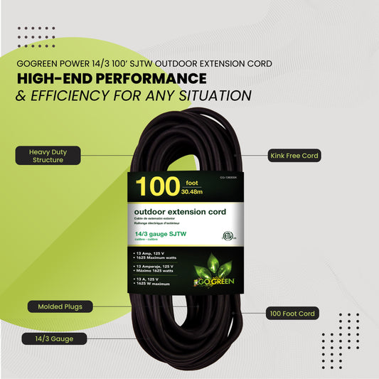 GoGreen Power (GG-13800BK) 14/3 100’ SJTW Outdoor Extension Cord, Black, 100 Ft