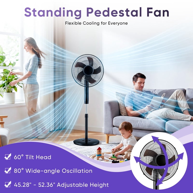 Gianna Quiet Pedestal Fan with Remote, Standing Floor Fan for Bedroom, Home Office - 15H Timer, 3 Speed & 3 Wind Modes, 80°Oscillating, Adjustable Height，Black
