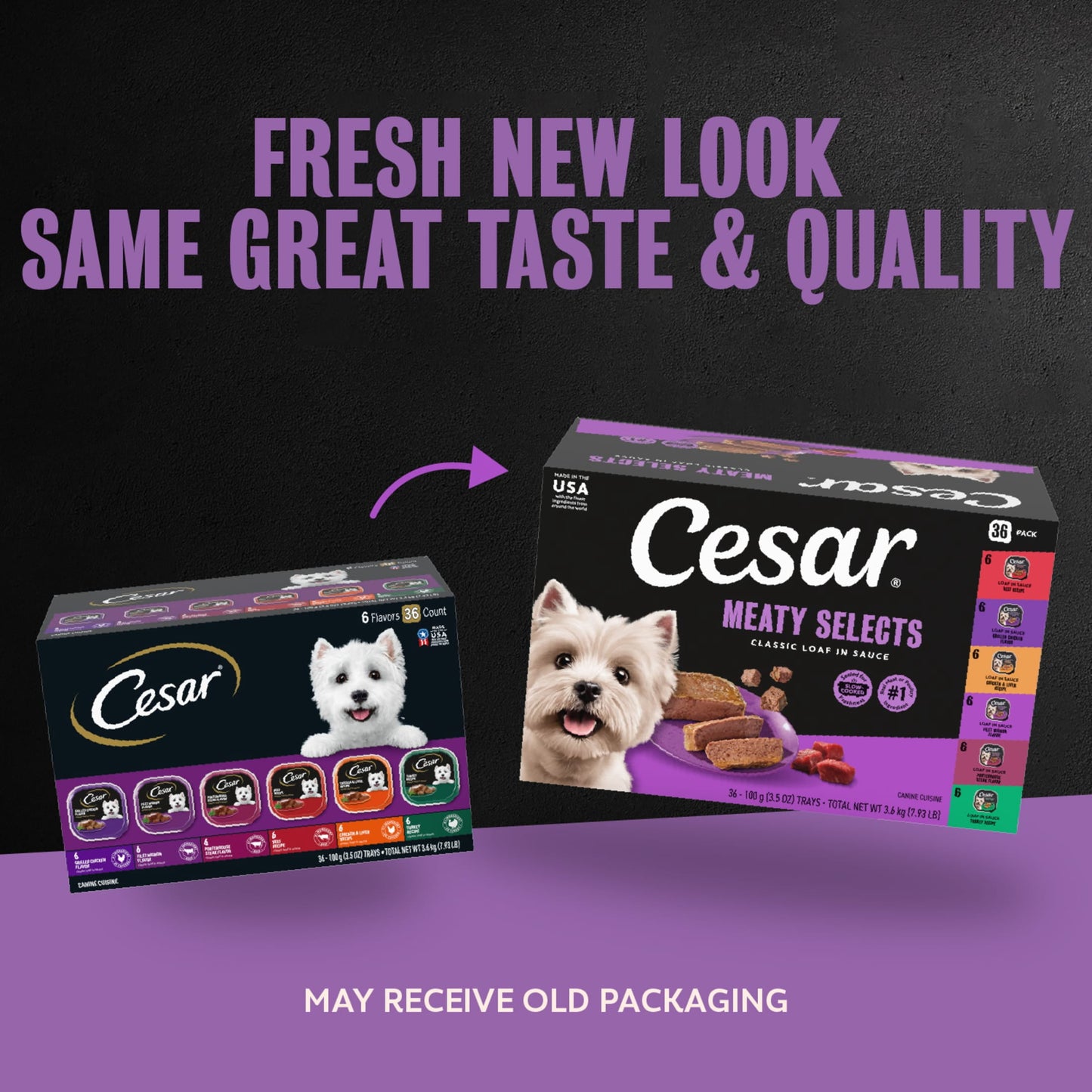 Cesar Loaf in Sauce Poultry and Beef Flavors Adult Wet Dog Food Variety Pack, 3.5 oz Trays, 36 Ct.