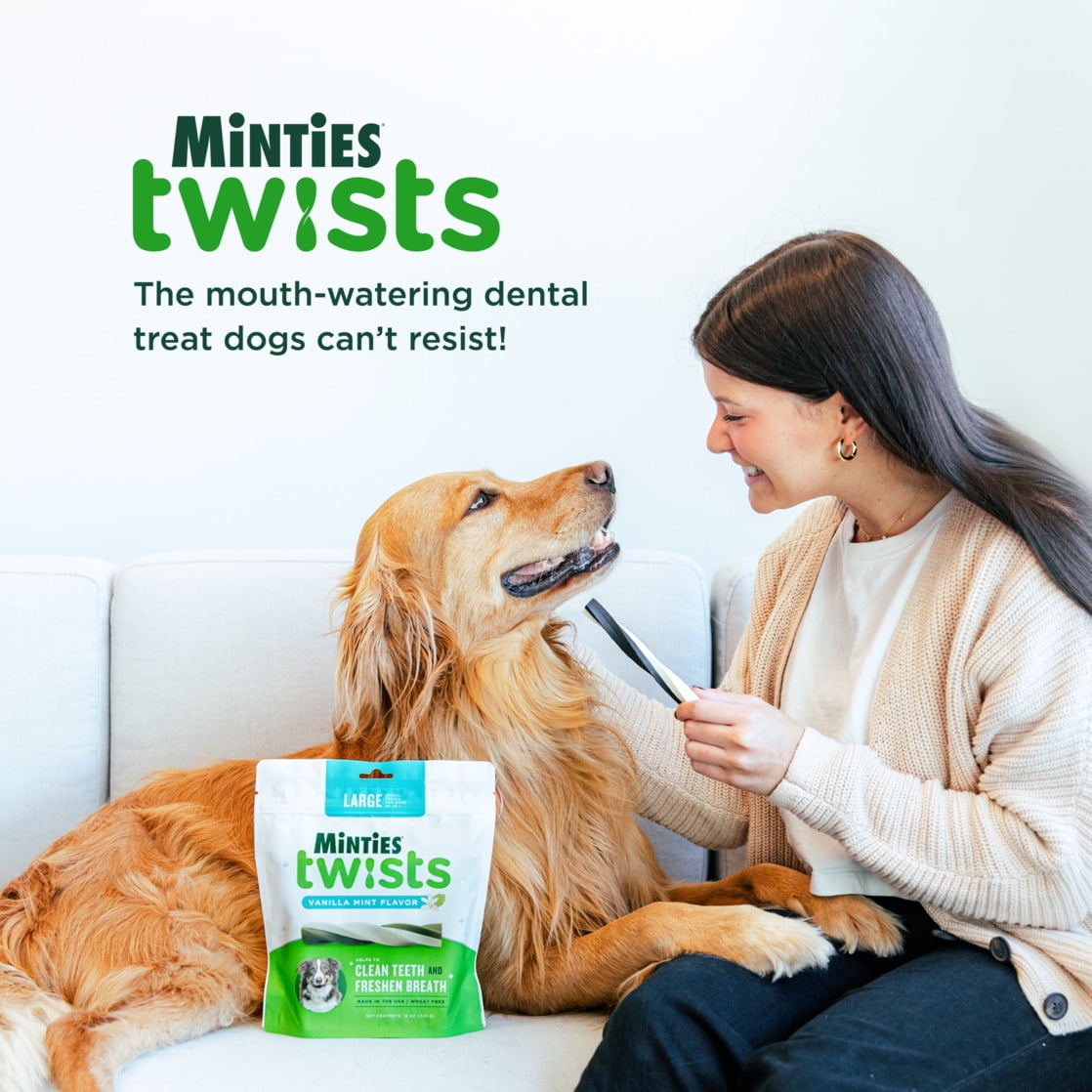 MINTIES Twists Dog Dental Bone Chews for Medium/Large Dogs Over 30 lbs, Vanilla and Mint Flavor, 12 oz