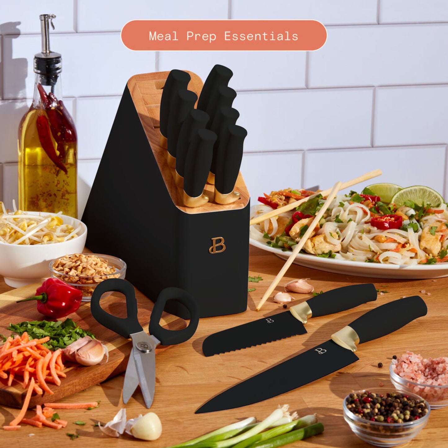 Beautiful 12 Piece Stainless Steel Knife Set Block Soft Grip Handles Black Sesame by Drew Barrymore