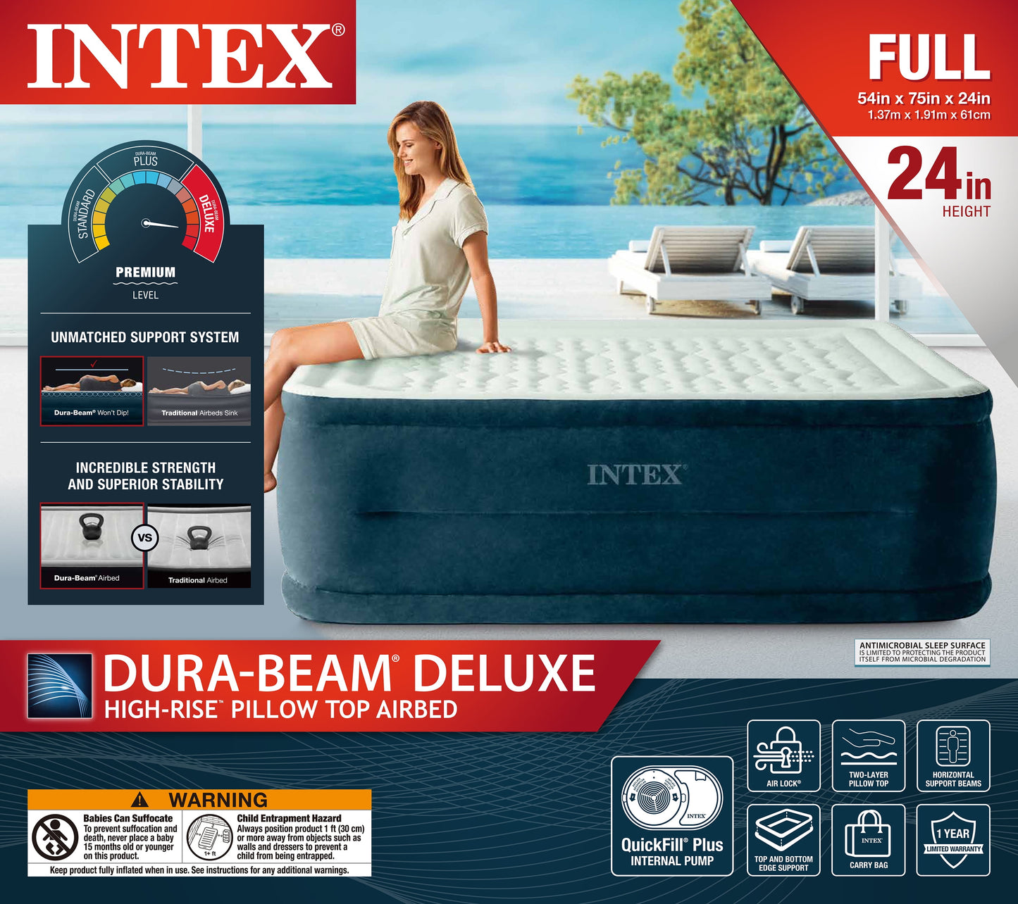 Intex 24" Full Dream Lux Pillow Top Dura-Beam Airbed Mattress with Built-in Pump