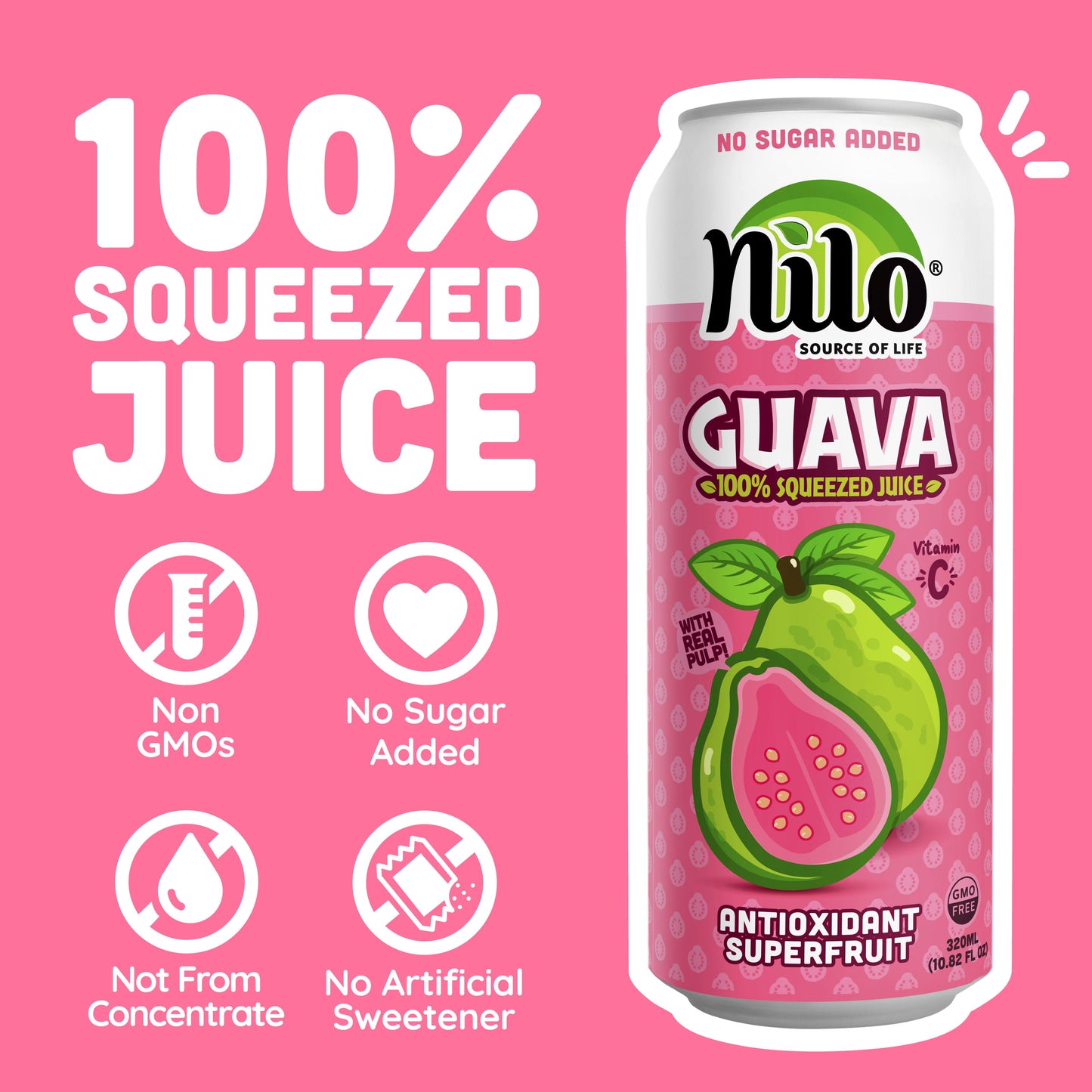 NILO Guava Juice | 100% Squeezed Guayaba Pink Guava | NO Sugar added | NOT From Concentrate | 10.8 oz (Pack of 12)