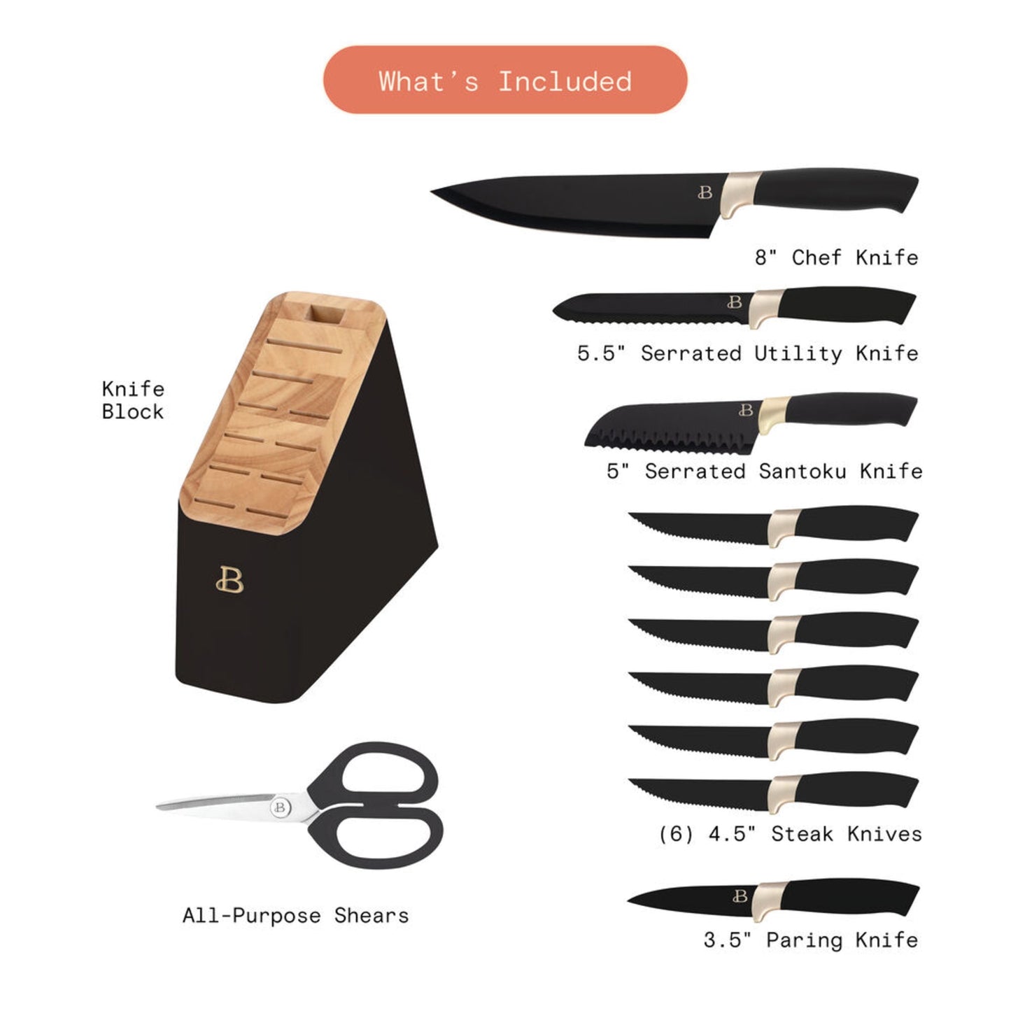 Beautiful 12 Piece Stainless Steel Knife Set Block Soft Grip Handles Black Sesame by Drew Barrymore