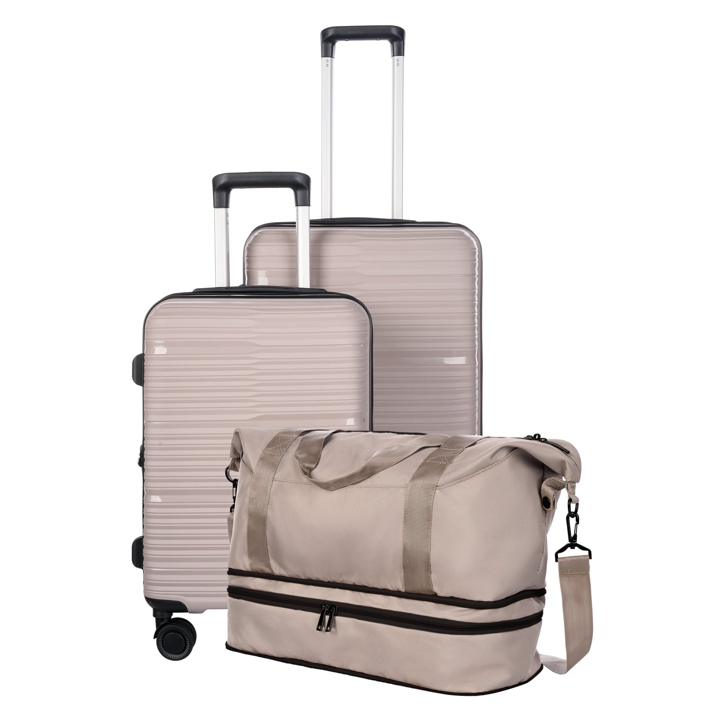 Protege 3-Piece Hardside Travel Set with Carry On + Medium Checked Spinner Luggage & Weekender Duffel, Taupe Splash