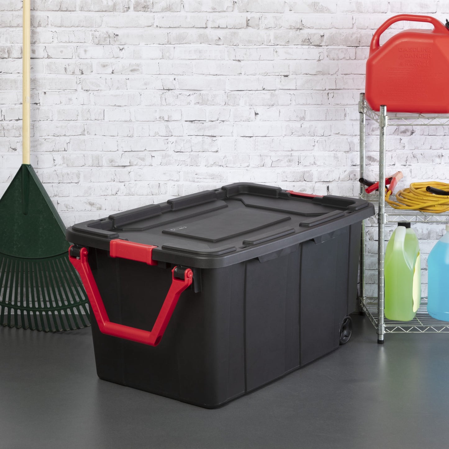Sterilite Extra-Large Wheeled Industrial Storage Bin, 40 Gallon Durable Plastic Storage Tote with Latching Lid and Pull Handle, Black, 2 Pack