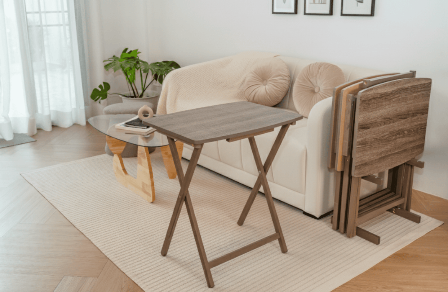 Mainstays XL Oversized 5-Piece Rubberwood Folding TV Tray Table Set of 4 with Storage Rack, Rustic Gray