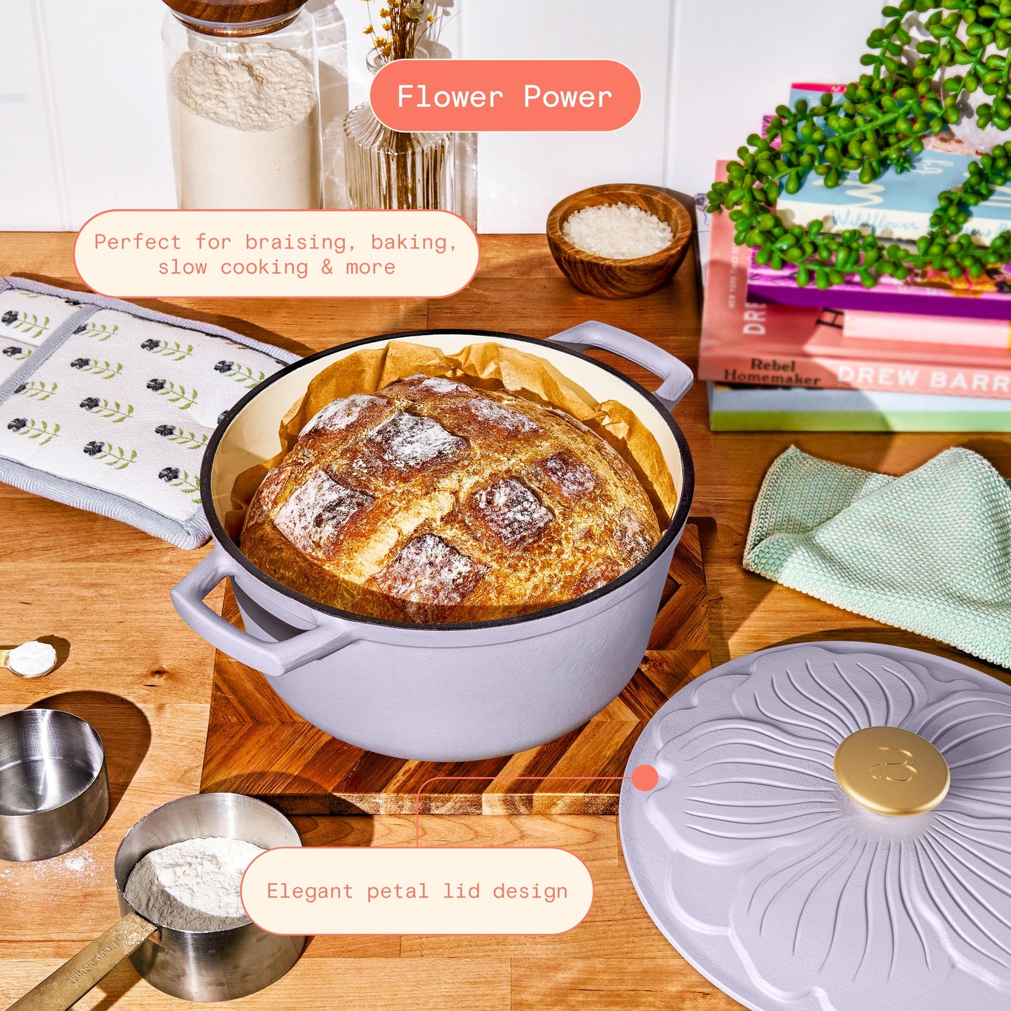 Beautiful 4 Quart Enameled Cast Iron Round Dutch Oven with Petal Design Lid, Lavender by Drew Barrymore