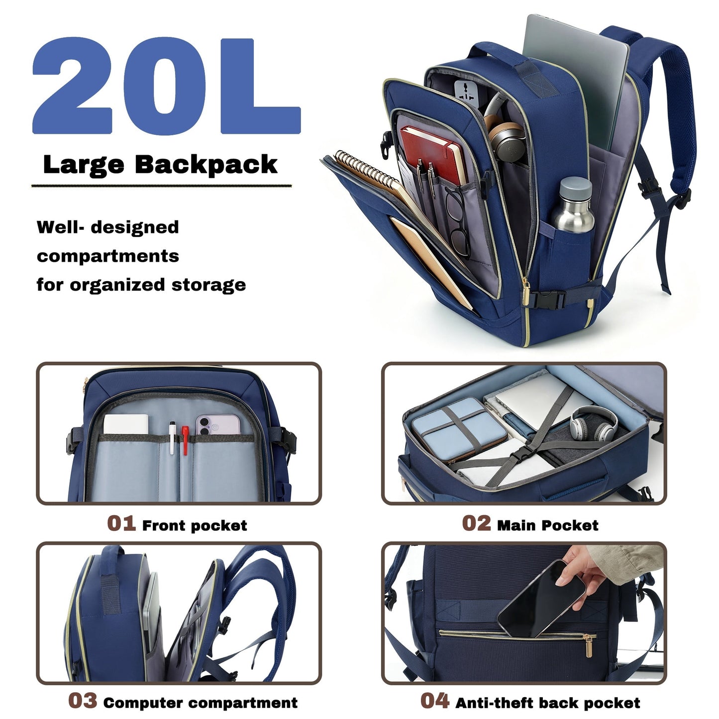 Euroco Luggage Sets 3 Piece, 20 Inch Carry On Luggage with TSA Lock & Spinner Wheels, ABS+PC Hardshell Lightweight Suitcase Set with Travel Bag for Men Women,Airline Approved,Navy