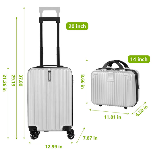 2PCS Luggage Two Piece Rolling Luggage Set Lightweight With Hook 20″ + 14″ Silver
