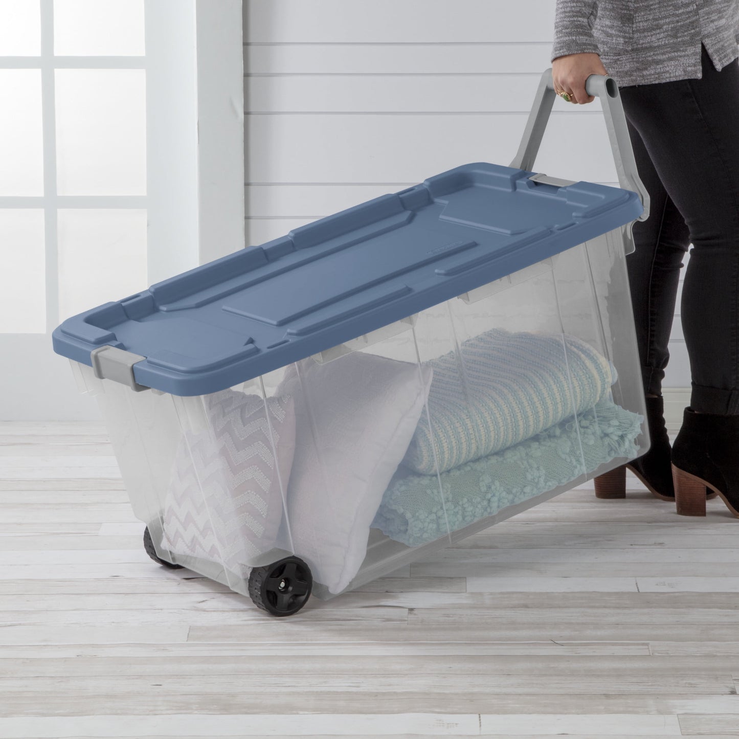 Sterilite Extra-Large Wheeled Rugged Storage Bin, 160 Quart Durable Clear Storage Container with Latching Lid and Pull Handle, Blue, 2 Pack