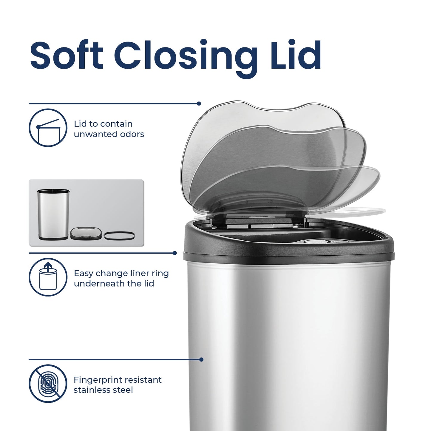 Nine Stars Automatic Kitchen Trash Can, 13.2 Gallon Stainless Steel, Motion Sensor Hands free Soft Close Lid Garbage Bin, Silver