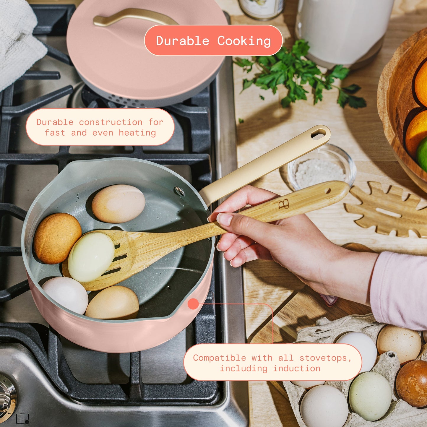 Beautiful 12-Piece Evergood Non-Toxic Ceramic Nonstick Coating Cookware Set, Pots and Pans with Strainer Lids, Rose by Drew Barrymore