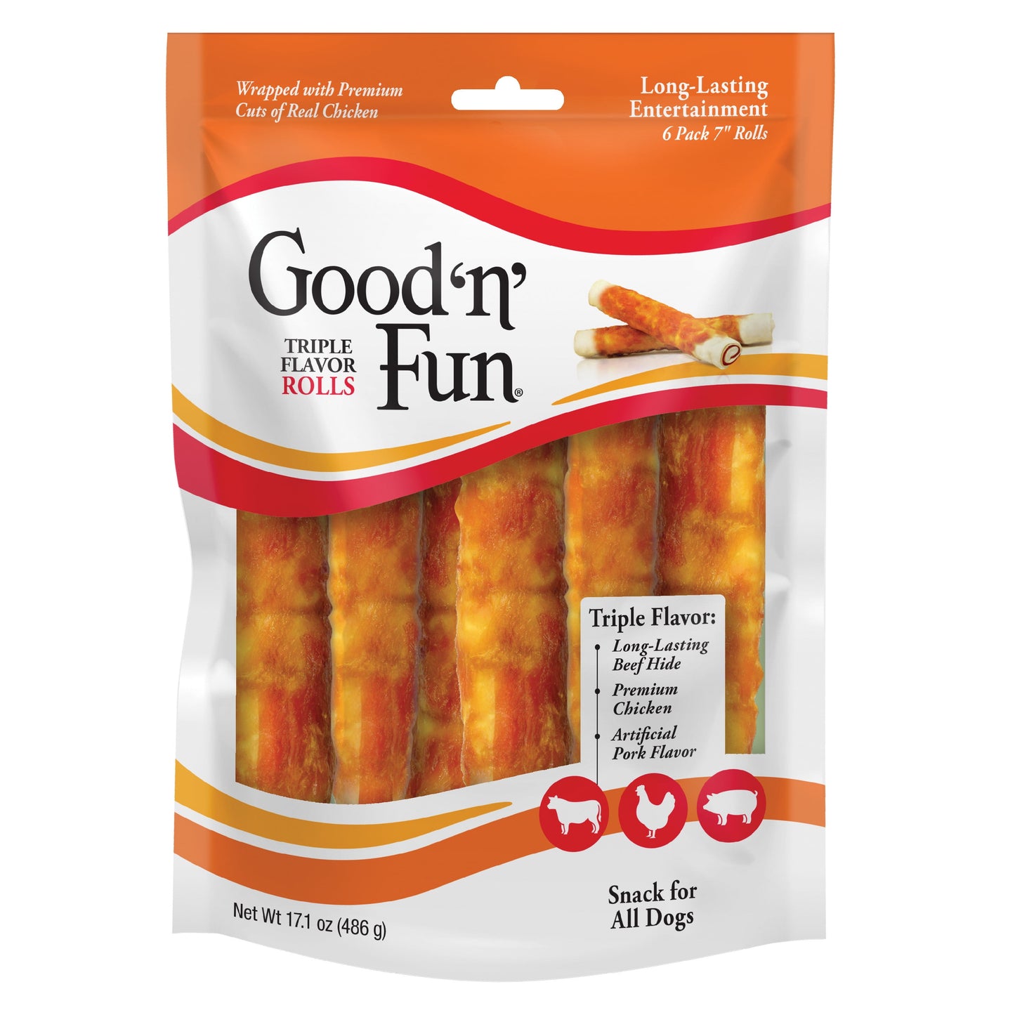 (2 pack) Good ’n’ Fun Triple Flavor Chews, 7 Inch Rolls, Rawhide for Dogs, 6 Count
